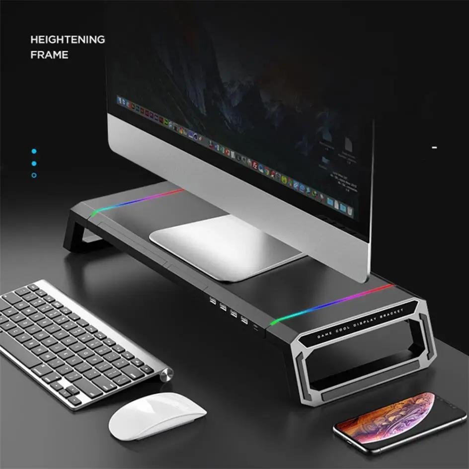 RGB Monitor Stand 4 USB Charging Desk Organizer Bracket Computer Monitor Holder Keyboard Riser | Hyobase