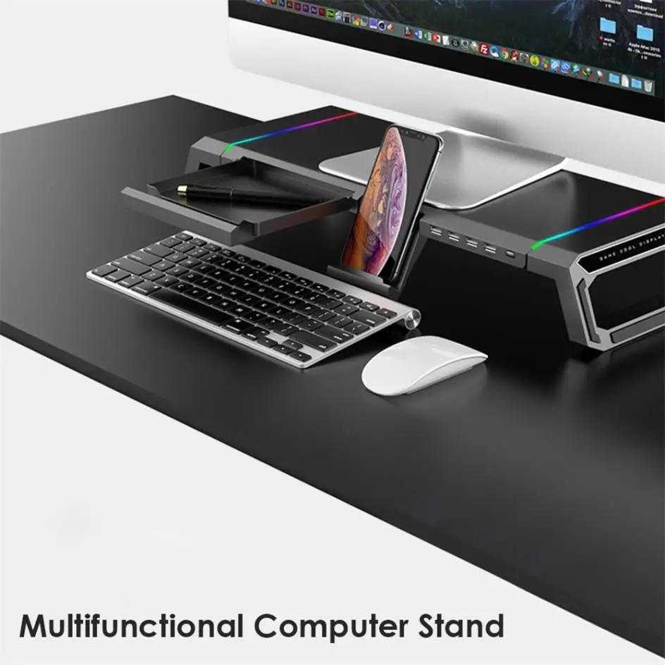 RGB Monitor Stand 4 USB Charging Desk Organizer Bracket Computer Monitor Holder Keyboard Riser | Hyobase