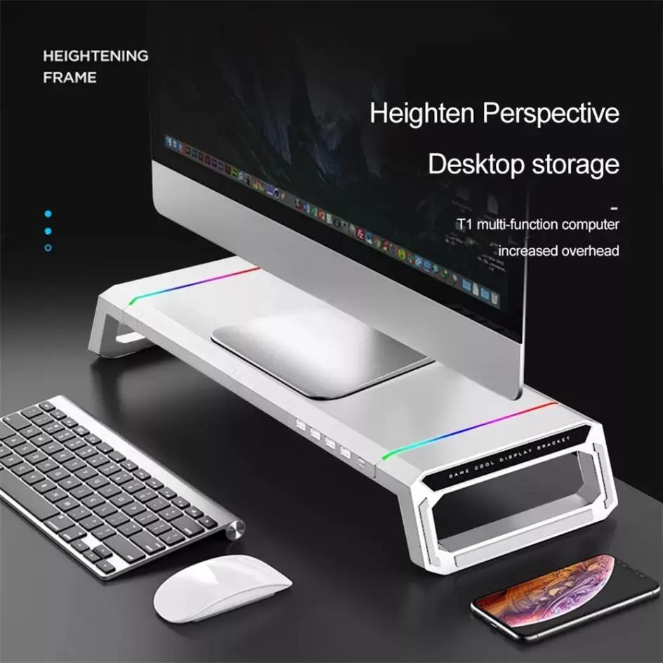 RGB Monitor Stand 4 USB Charging Desk Organizer Bracket Computer Monitor Holder Keyboard Riser | Hyobase